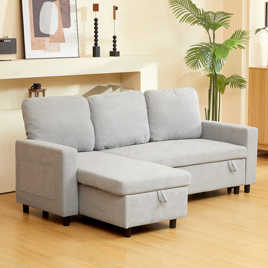 Three Seater L Sofa Bed, with Storage - Light Grey