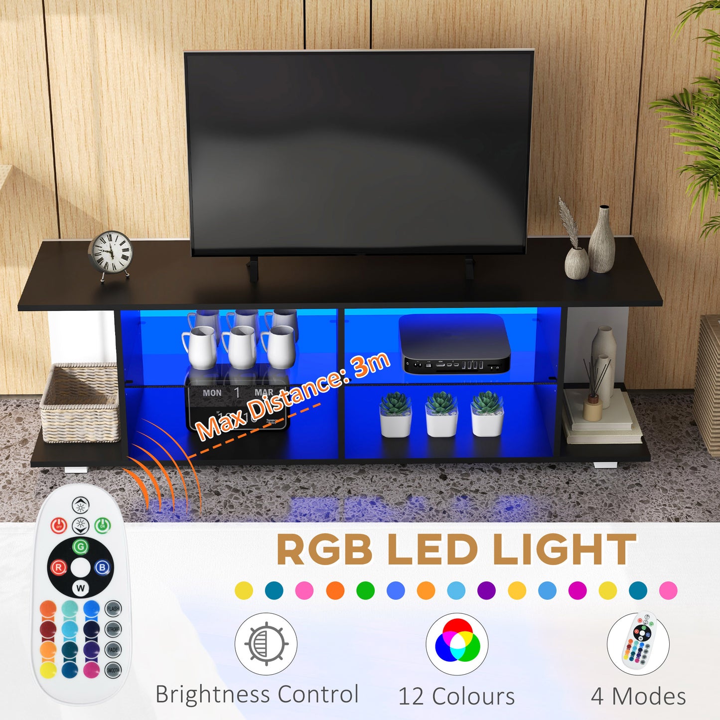 TV Stand, 145cm Modern TV Unit with Glass Shelves, RGB LED Light for 32 40 43 50 52 55 60 inch 4k TV, Black