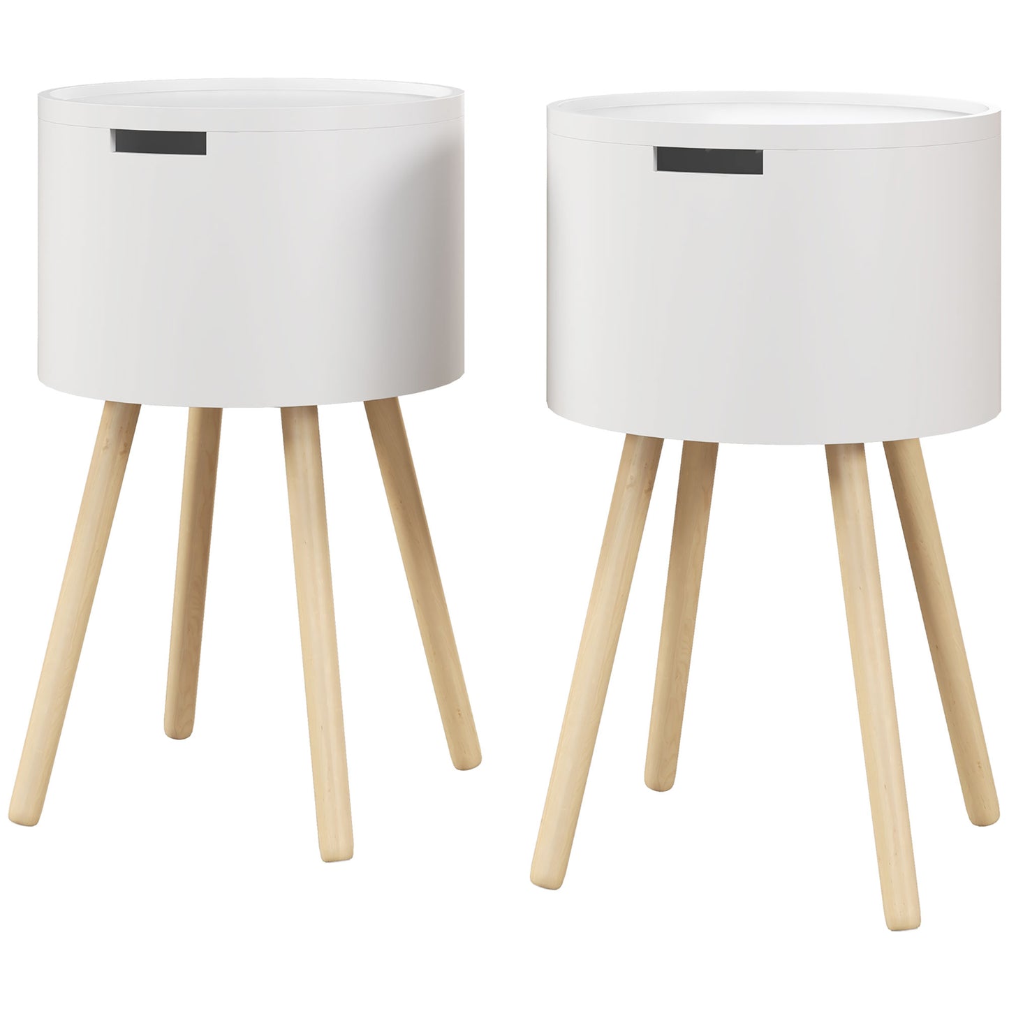 Modern Side Table With Hidden Storage Space, Round Night Stand / Removable Tray Wood Frame End Coffee Table, Set of 2 - White