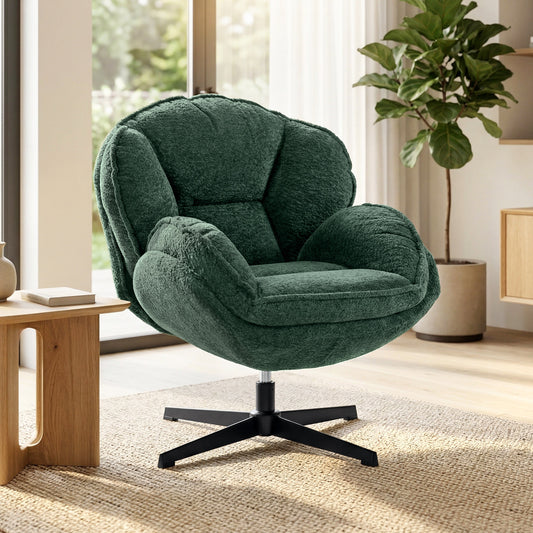 Modern Wingback Accent Chair, Velvet Armchair with Four-Star Base, S-Springs, 360° Swivel, Dark Green