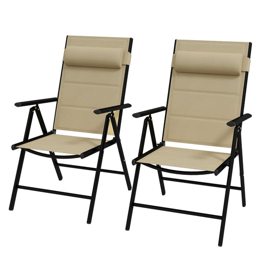 Set of 2 Patio Folding Chairs W/ Adjustable Back, Aluminium Dining Chairs with Breathable Mesh Fabric Padded Seat and Backrest, Headrest