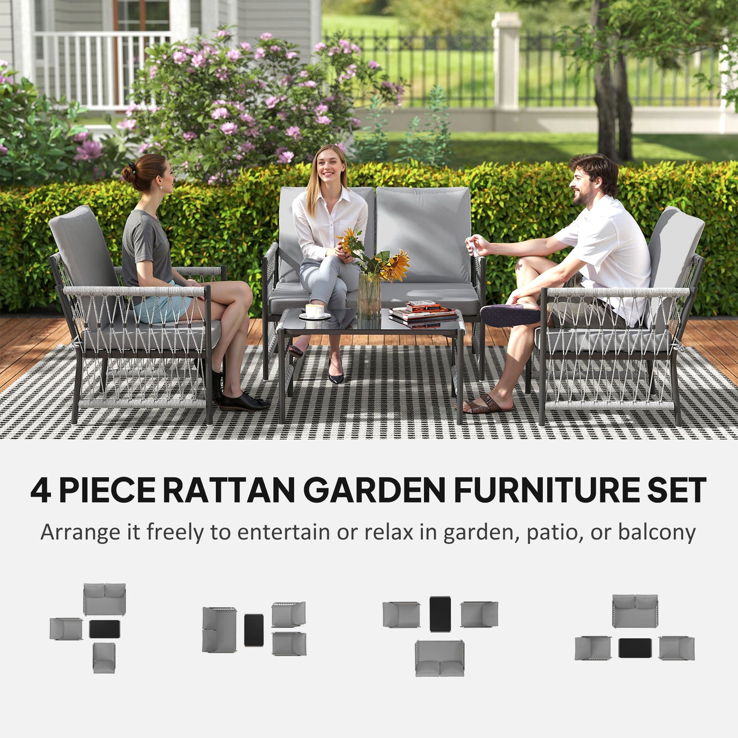 Outsunny 4 Piece Rattan Garden Furniture Set, 4 Seater Wicker Patio Conversation Set with 2 Armchairs, Loveseat, Glass Top Coffee Table and Cushions