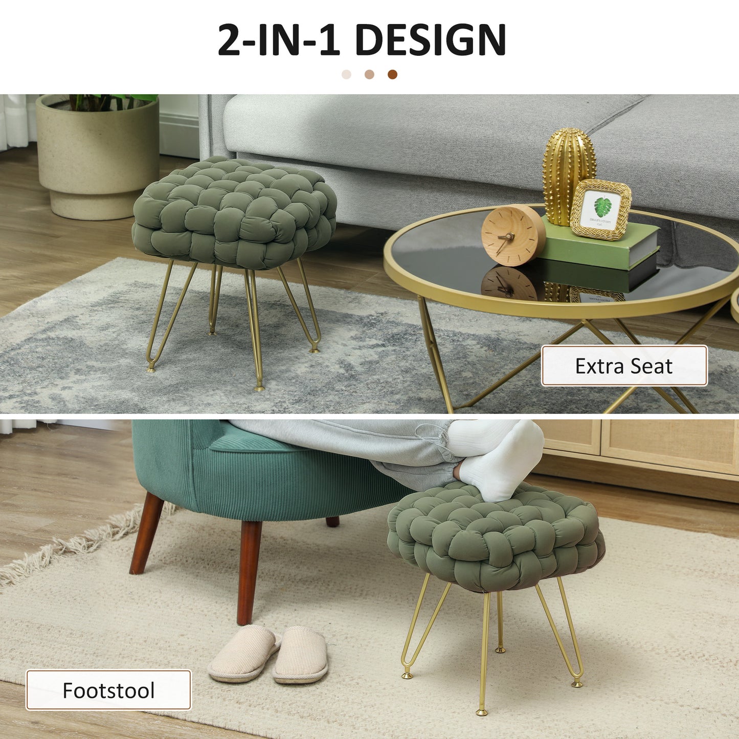 Velvet-Feel Bold Woven Footstool - Green