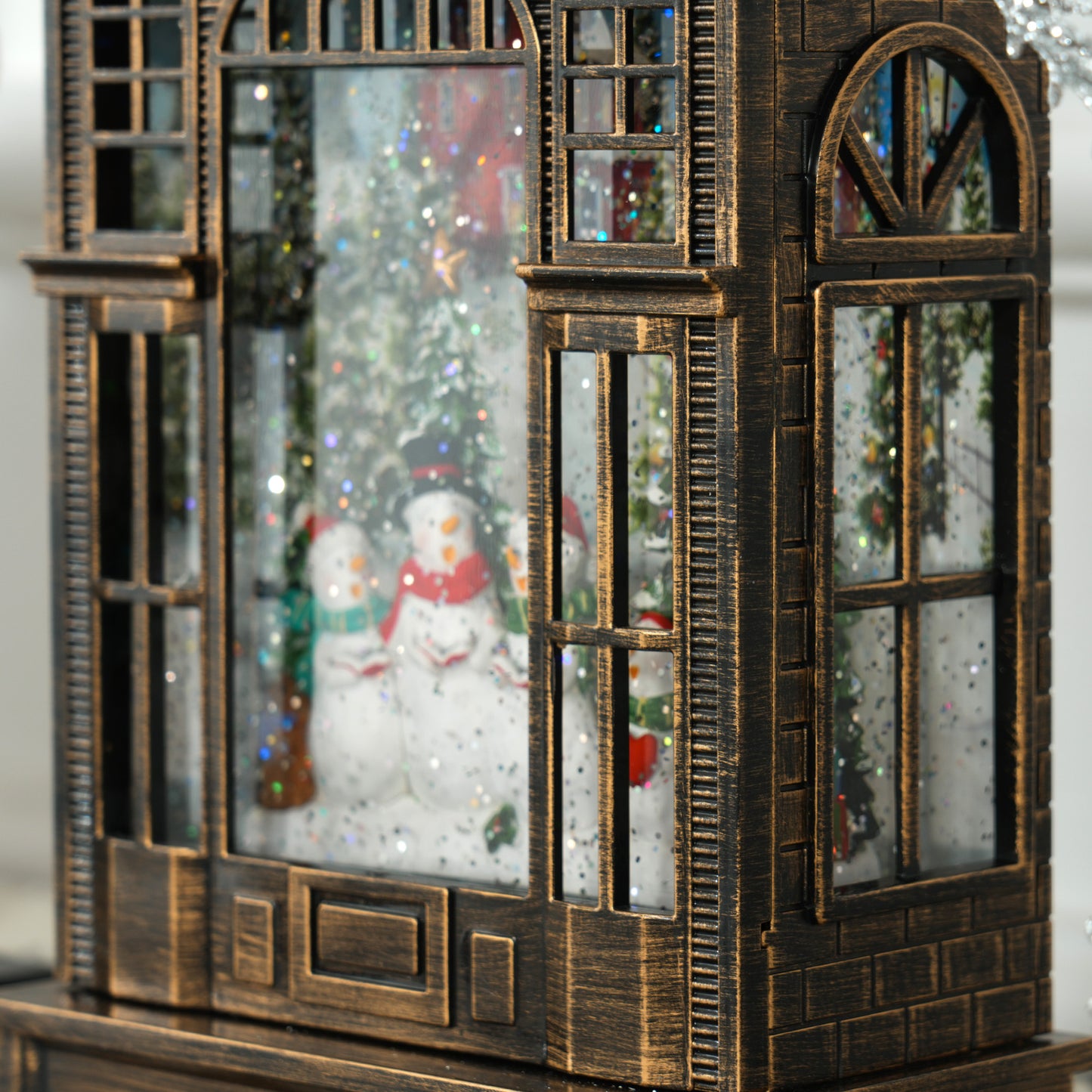 Christmas Snow Globe Lantern with Lights, Musical with Swirling Glitter, Battery Operated Decoration for Holiday Party Gift, Bronze Tone
