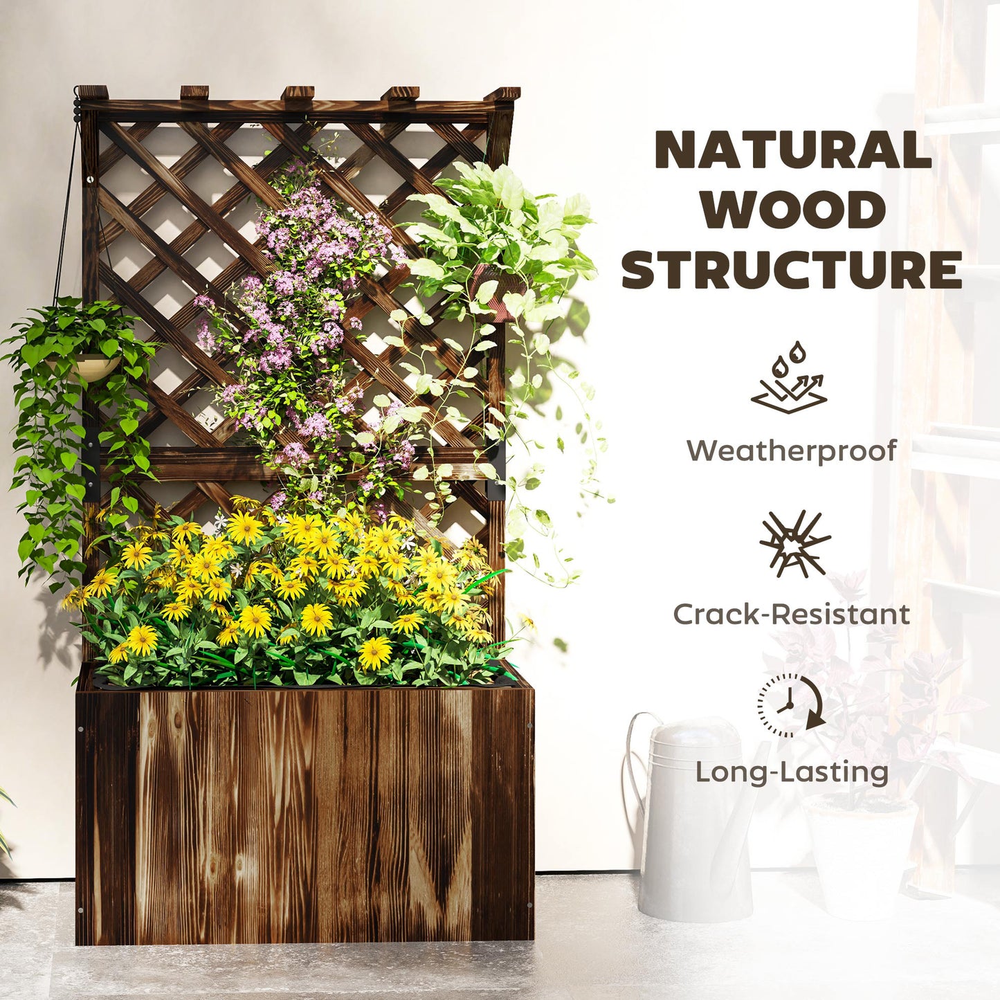 Wooden Planter with Trellis, Freestanding Raised Garden Bed with Drainage Holes, Outdoor Planter Box with Liner for Vegetables, Herbs and Flowers,