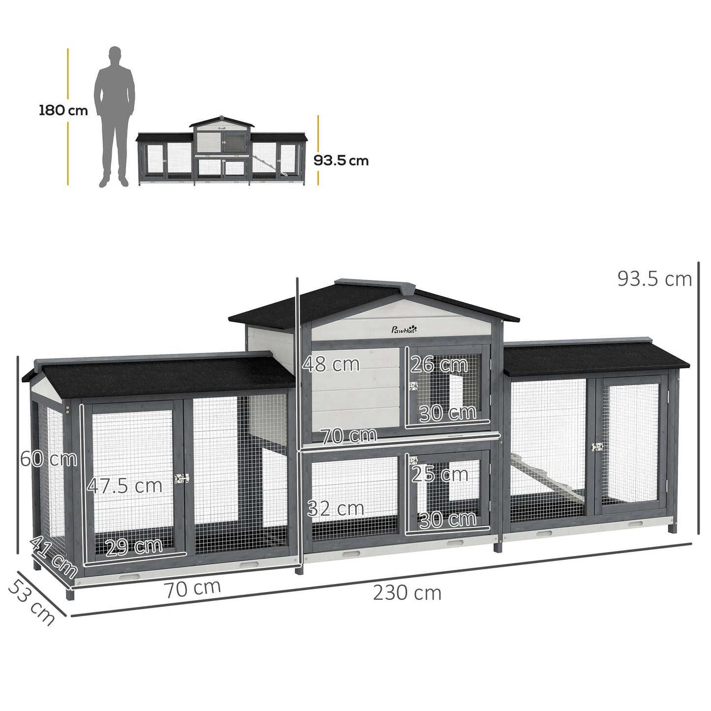 PawHut 2-Tier Large Rabbit Hutch Outdoor with Double Side Run Boxes, No-leak Plastic Tray, Ramp, 230 x 53 x 93.5cm, Light Grey