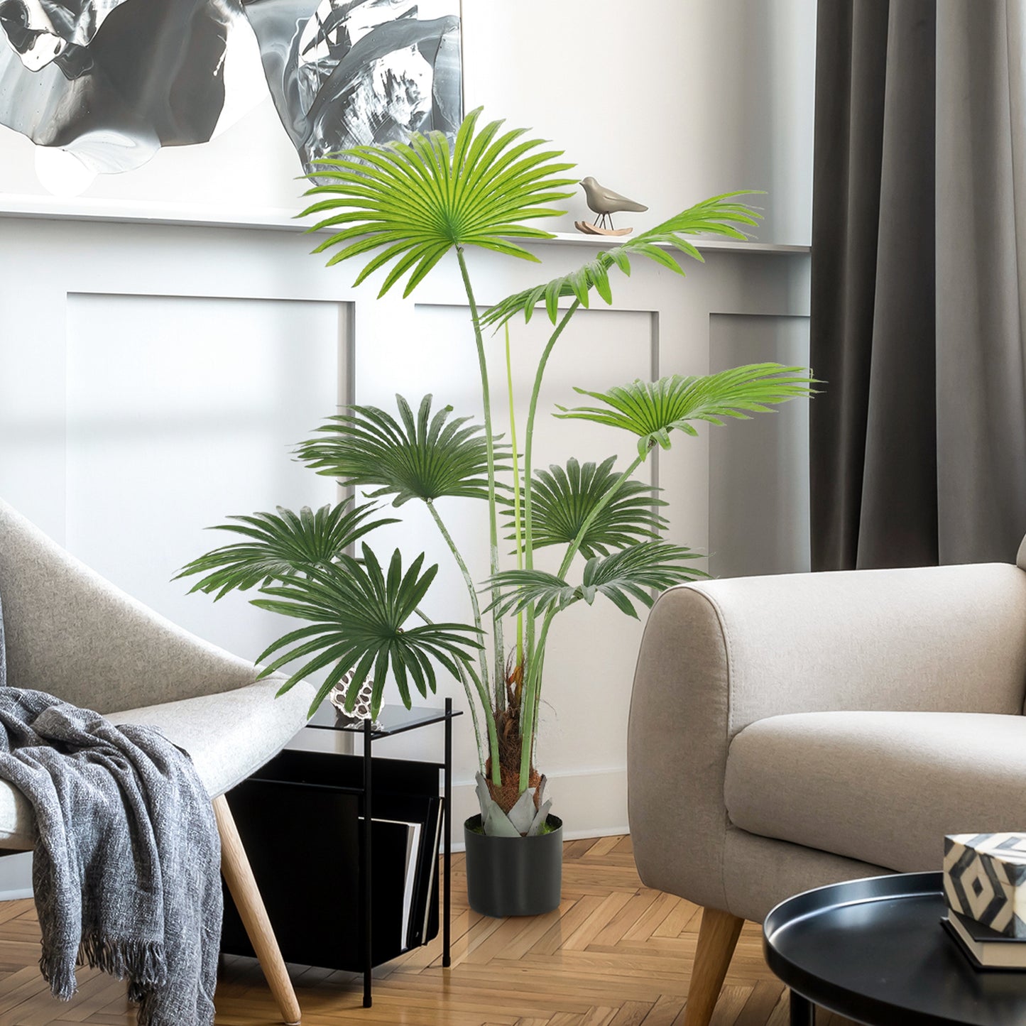 145cm Artificial Palm Tree, Decorative Artificial Plant with Lifelike PEVA Leaves and Coconut Coir, Fake Tree with Plastic Pot and Flocking
