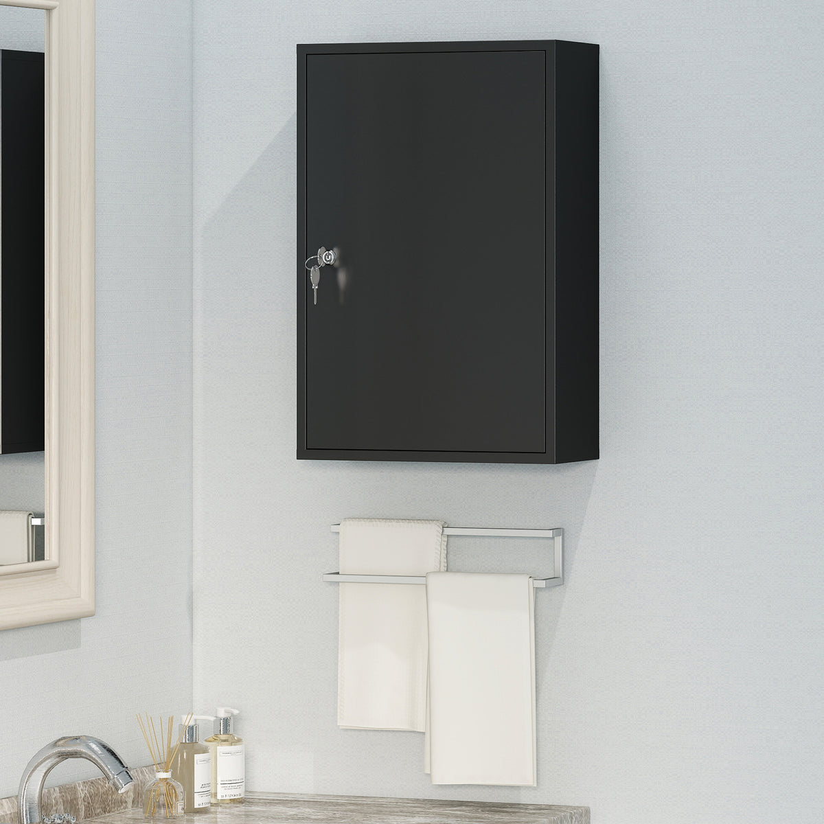 Kleankin 3-Tier Wall-Mounted Lockable Medicine Cabinet | Black Steel | 40x18x60cm | 2 Keys | Rust-Resistant | Pre-Drilled | Bathroom Kitchen | First Aid Storage