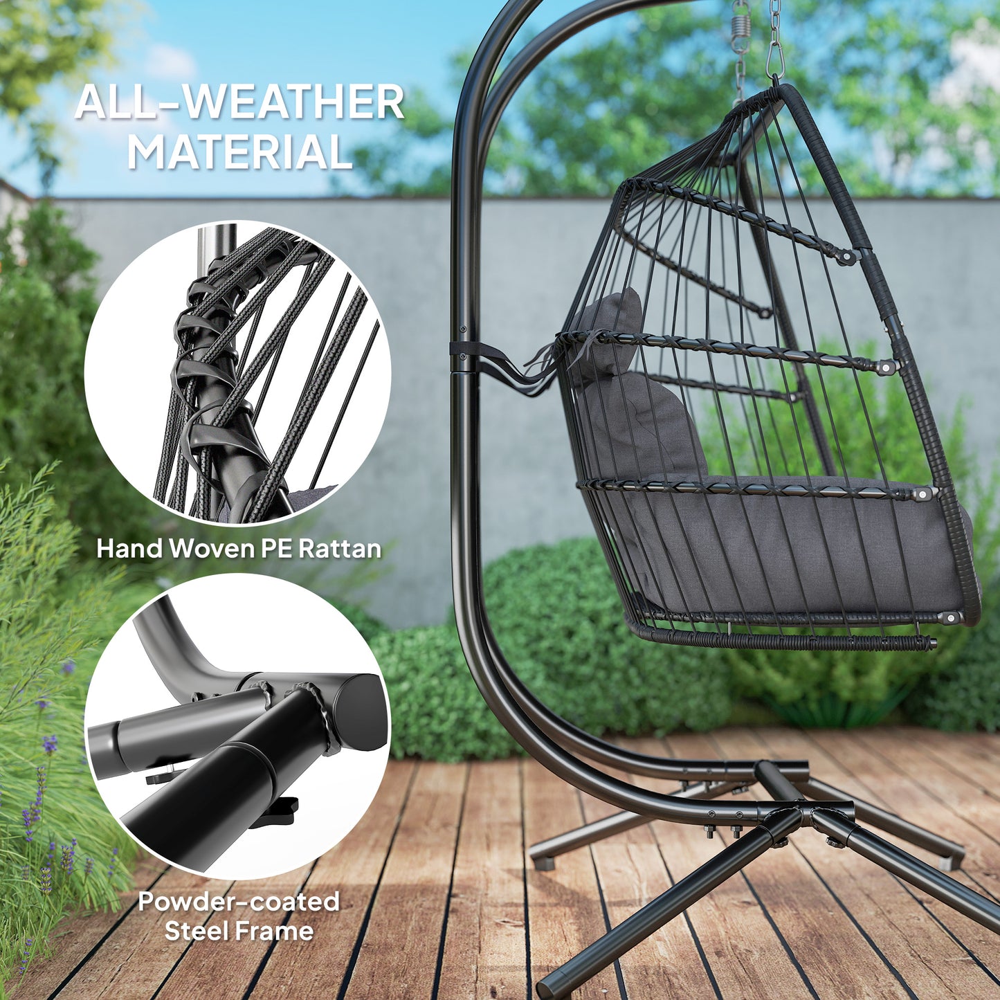 Outsunny Rattan Double Hanging Egg Chair with Stand, Foldable Wicker Swing Egg Chair with Cushion, Head Pillows, Steel Frame, Hammock Chair for Indoor Outdoor
