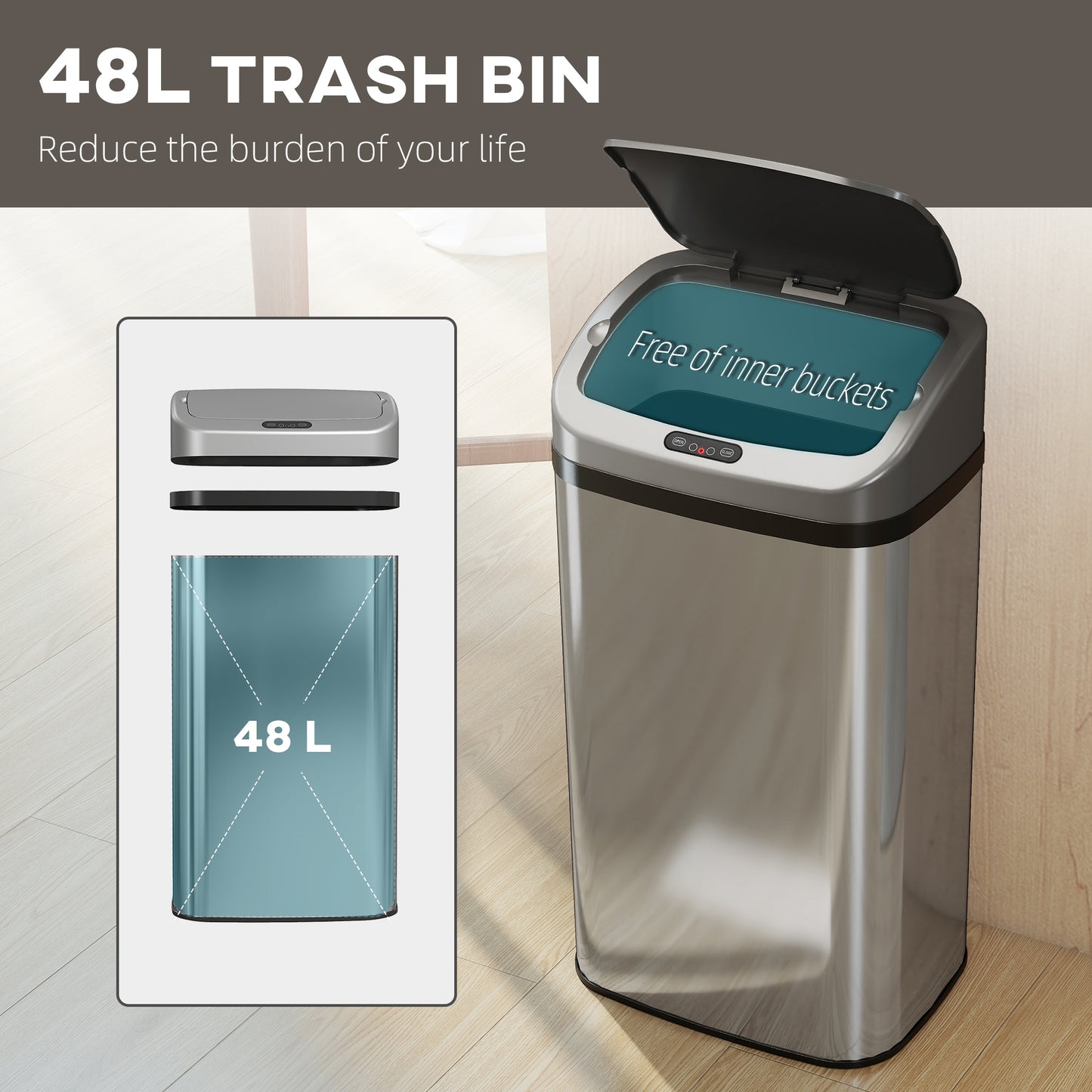 48L Stainless Steel Sensor Bin - Silver-Tone