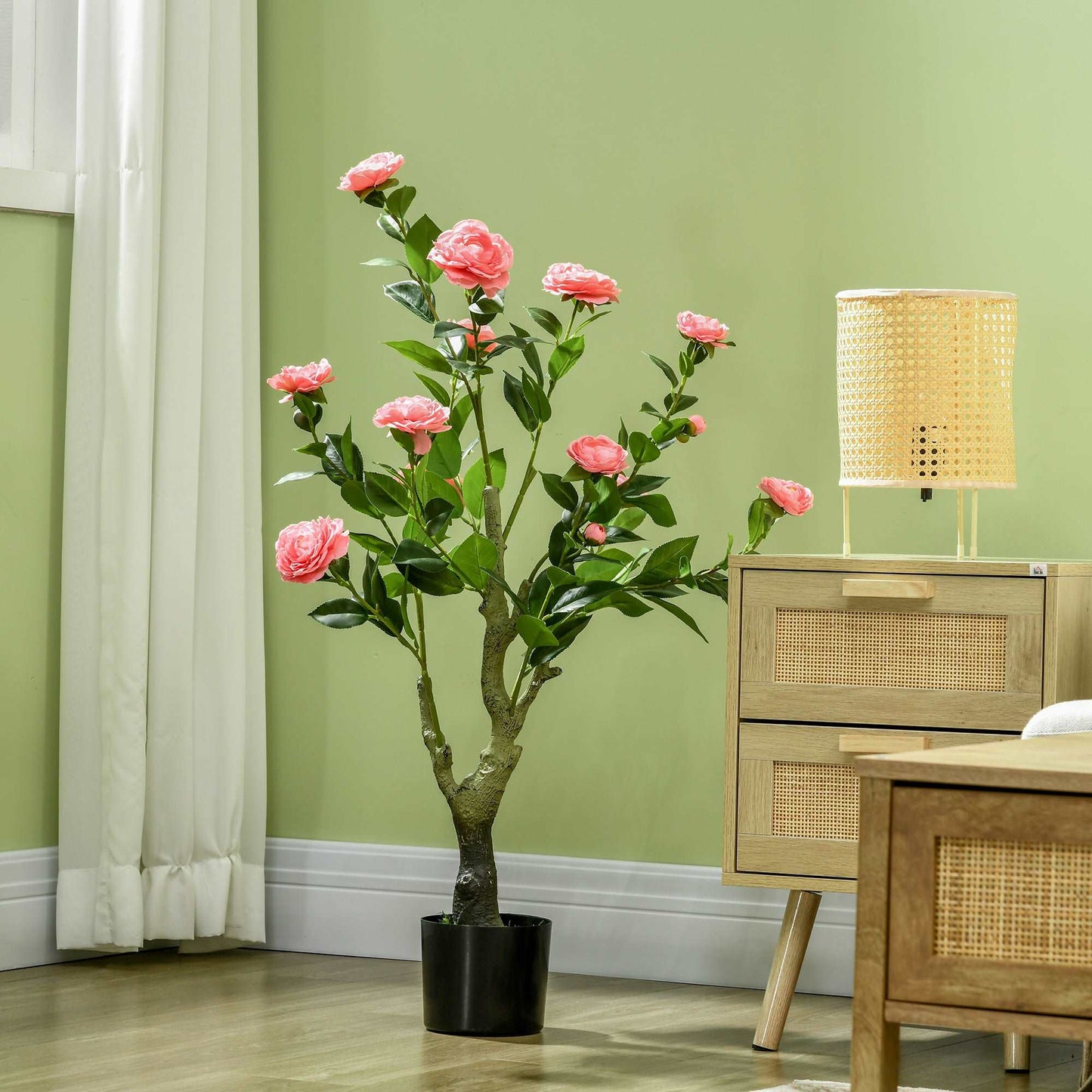 2 Pieces Decorative Artificial Plants Camellia Flower with Pot, Fake Plant for Home Indoor Outdoor Decor, 95cm, Pink