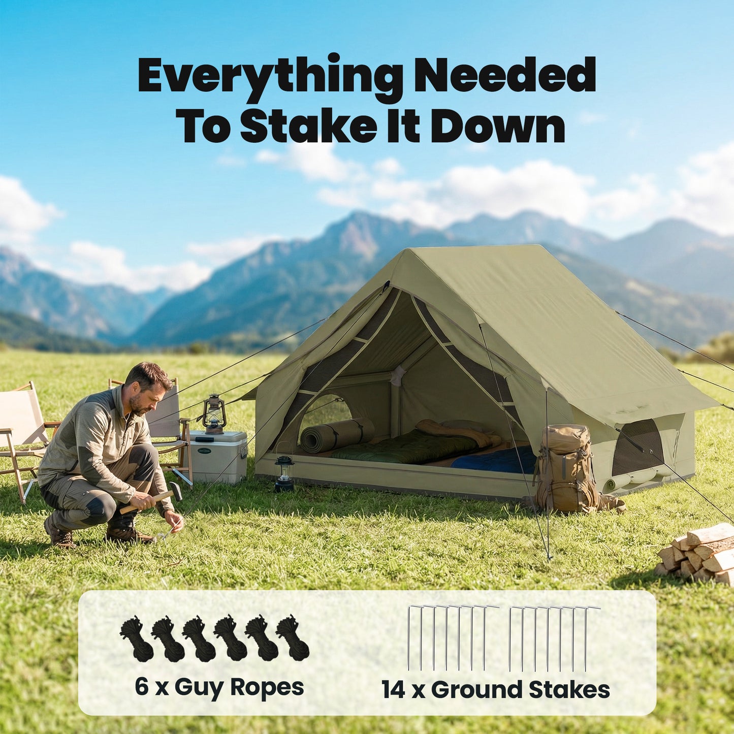 Inflatable Camping Tent | 2-4 Person | 5-Min Setup | Waterproof Oxford | Level 4 Wind | 300x210x190cm | Army Green
