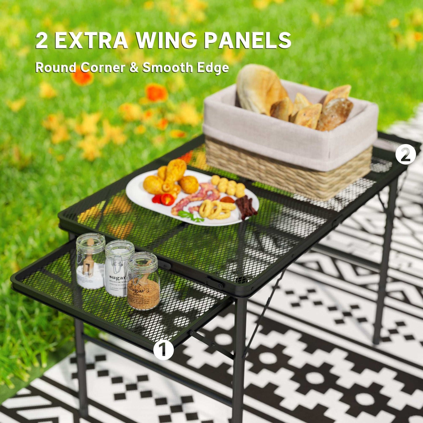 Folding Grill Table, 4.5ft Portable Camping Table with 2 Wing Panels, Height Adjustable Metal Picnic Table for Camping, Picnic and BBQ, Black