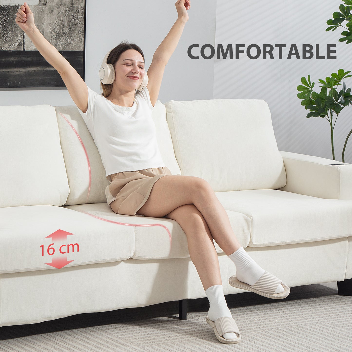 3 Seater Sofa with USB Ports & Cup Holders - Cream White / Grey