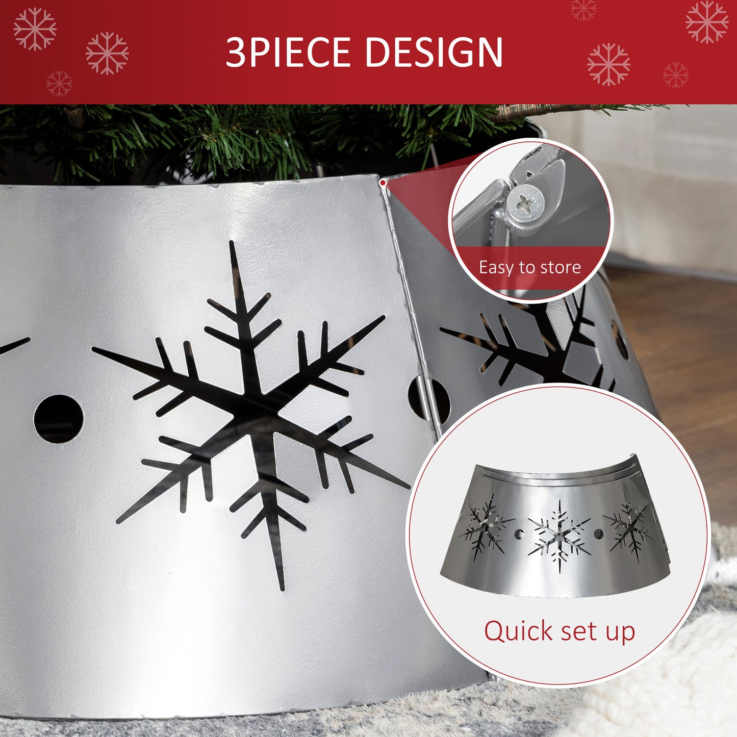 Christmas Tree Collar Base Cover 66cm with Hollow Snowflake Patterns, Decoration for Party, Holiday, Home, Silver