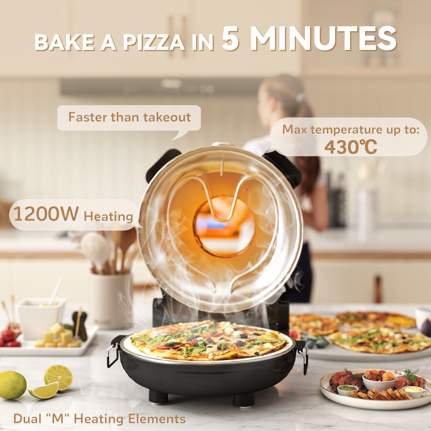 1200W Pizza Oven, 12 Inch Electric Pizza Maker with Viewing Window, Dual Knob Temp & Timer Control, Overheat Protection, Black / Red