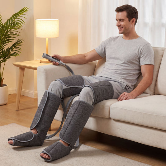 Air Compression Leg Massager with Heat | 6 Airbags | 360° Full-Leg Coverage | 3 Modes | 3 Intensities | Grey