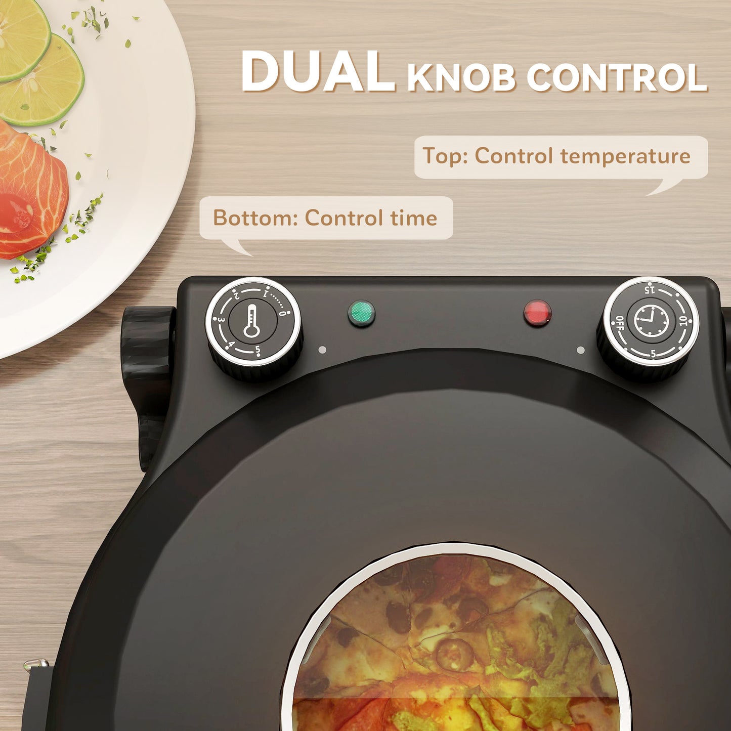 1200W Pizza Oven, 12 Inch Electric Pizza Maker with Viewing Window, Dual Knob Temp & Timer Control, Overheat Protection, Black / Red
