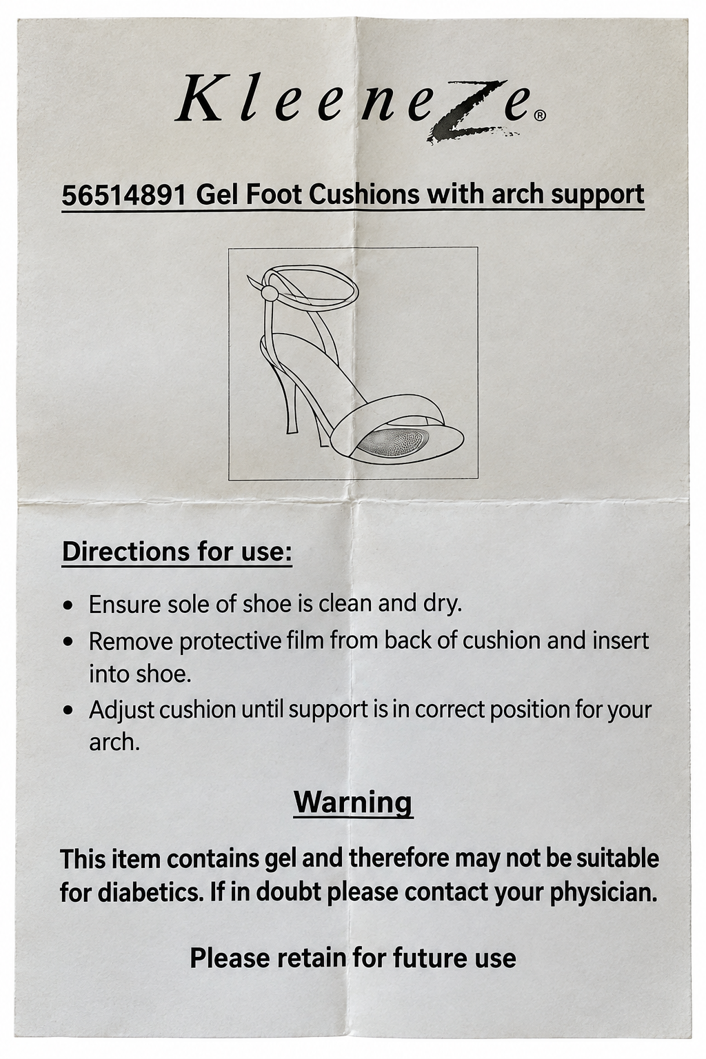 Upright gel cushion instruction leaflet
