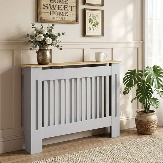 MDF Radiator Cover | Slatted Line Grill Design | Display Top | Wall Mountable | Fittings Included | Lightweight 9kg | 112x19x81cm | Grey