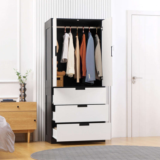 2 Door Wardrobe, Modern Wardrobe with 3 Drawers and Hanging Rod for Bedroom, White
