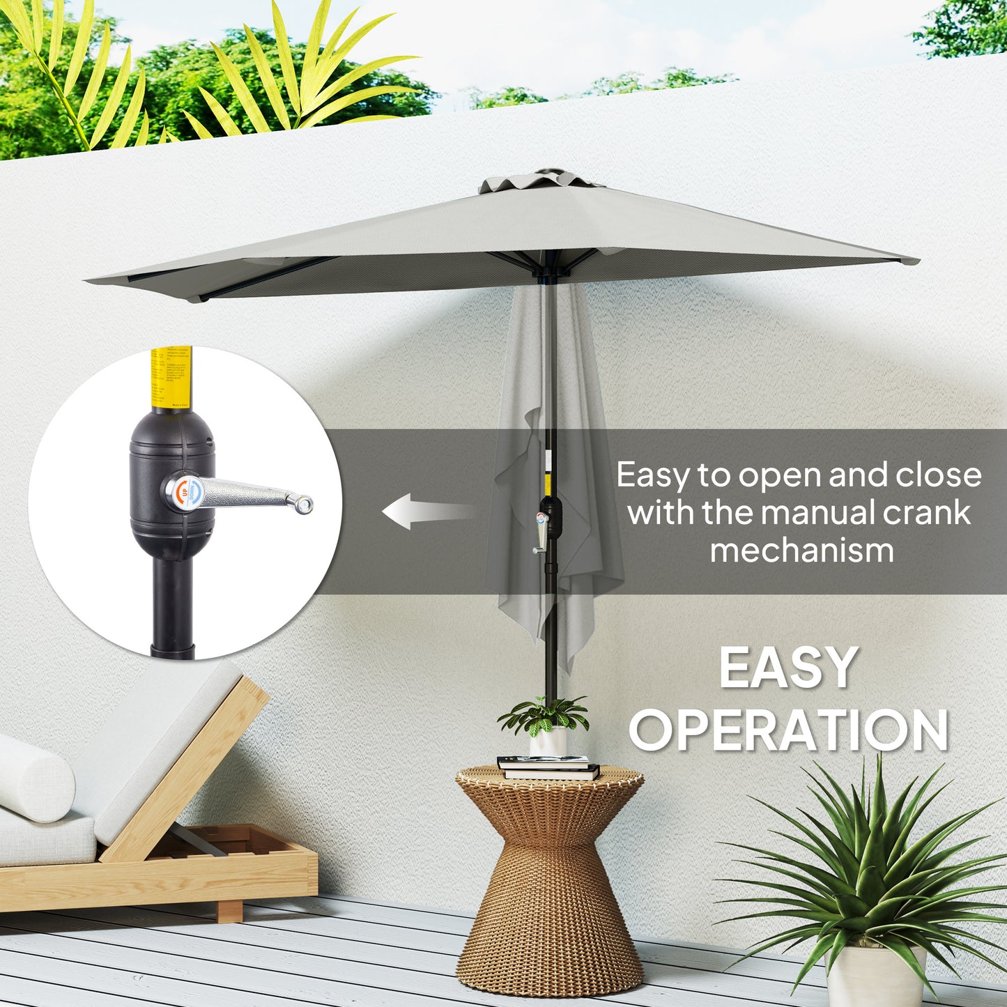 Outsunny Half Round Parasol Umbrella - Light Grey