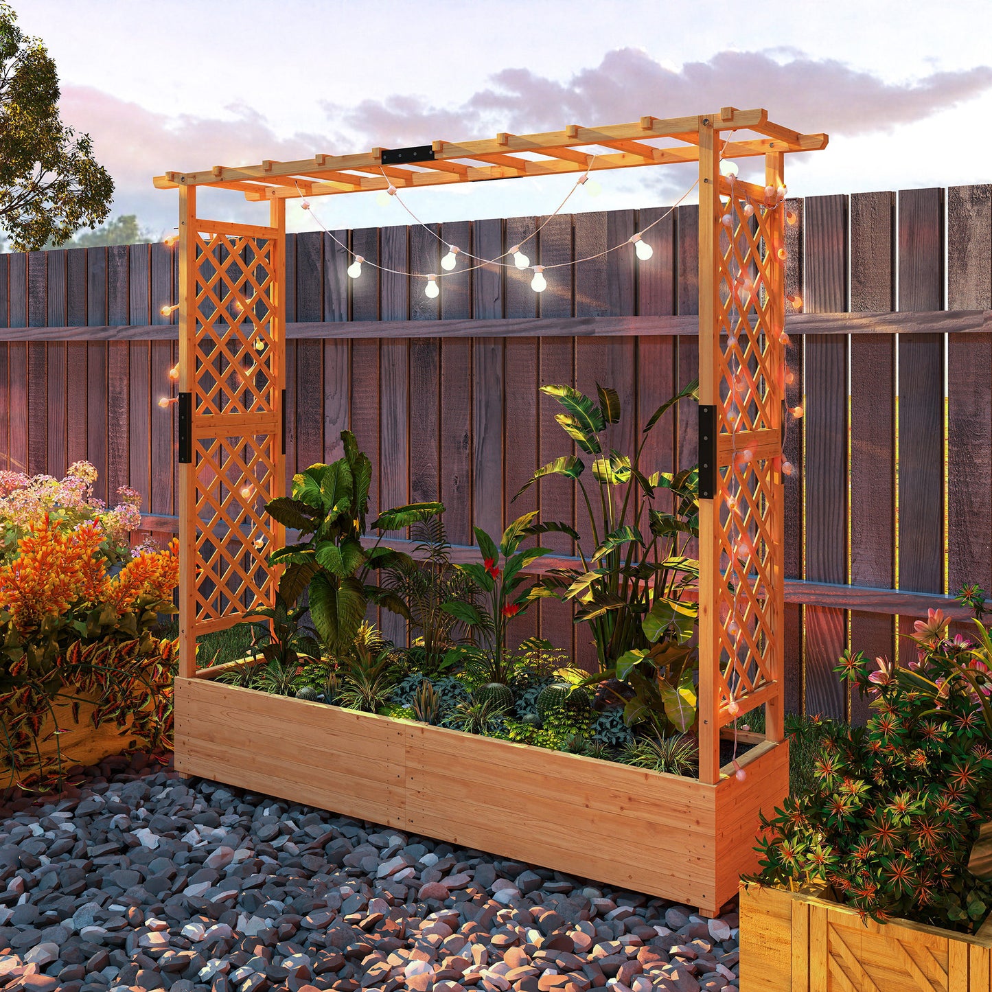 Fir Wood Garden Raised Bed with Double Trellis & Hanging Rails | 171x39cm Planting Bed | 4 Drainage Holes | 10kg Trellis Capacity | 196x44x181cm | Natural Wood Finish