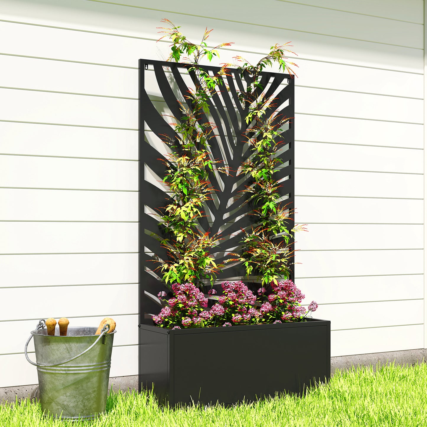 Metal Raised Planter with Large Leaf Cut-Out Trellis & Privacy Screen | Wall Mounted or Freestanding | 29L Soil | 50kg | Powder-Coated | 61x23x113cm | Climbing Plants | Black