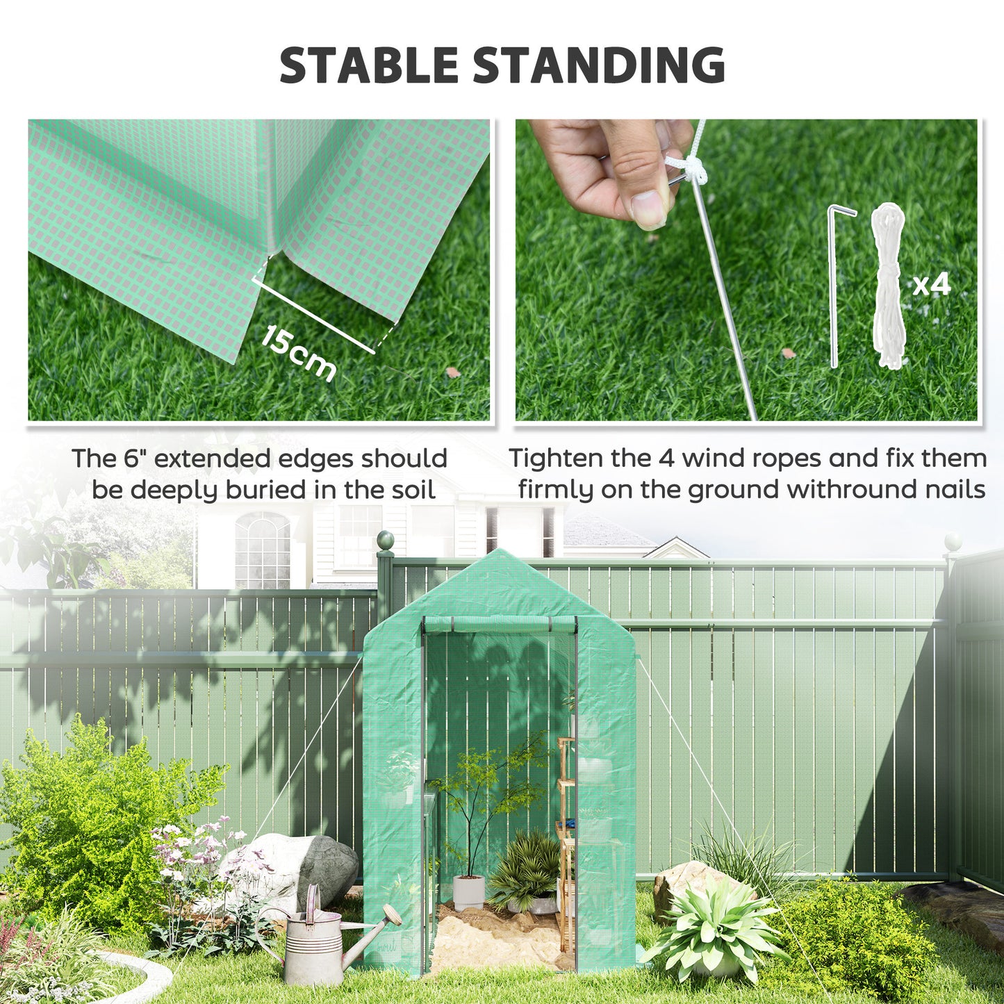Outsunny Walk-in Greenhouse with 2 Tier 4 Shelves, Small Greenhouse with Reinforced PE Cover, Garden Plant Growhouse with Roll-up Door, 120 x 186 x 190 cm, Green