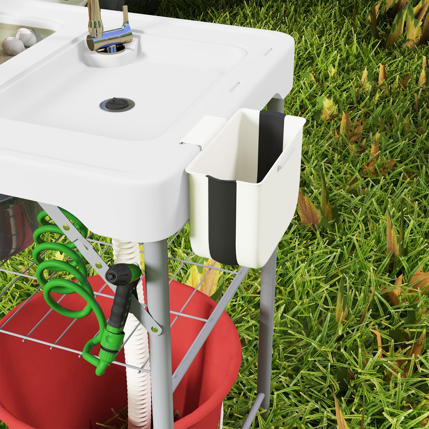 Folding Fish Cleaning Table with Twin Sinks | Faucet & Spray Nozzle | Drawer | Shelf | Basket | 80kg | Camping & Fishing | White