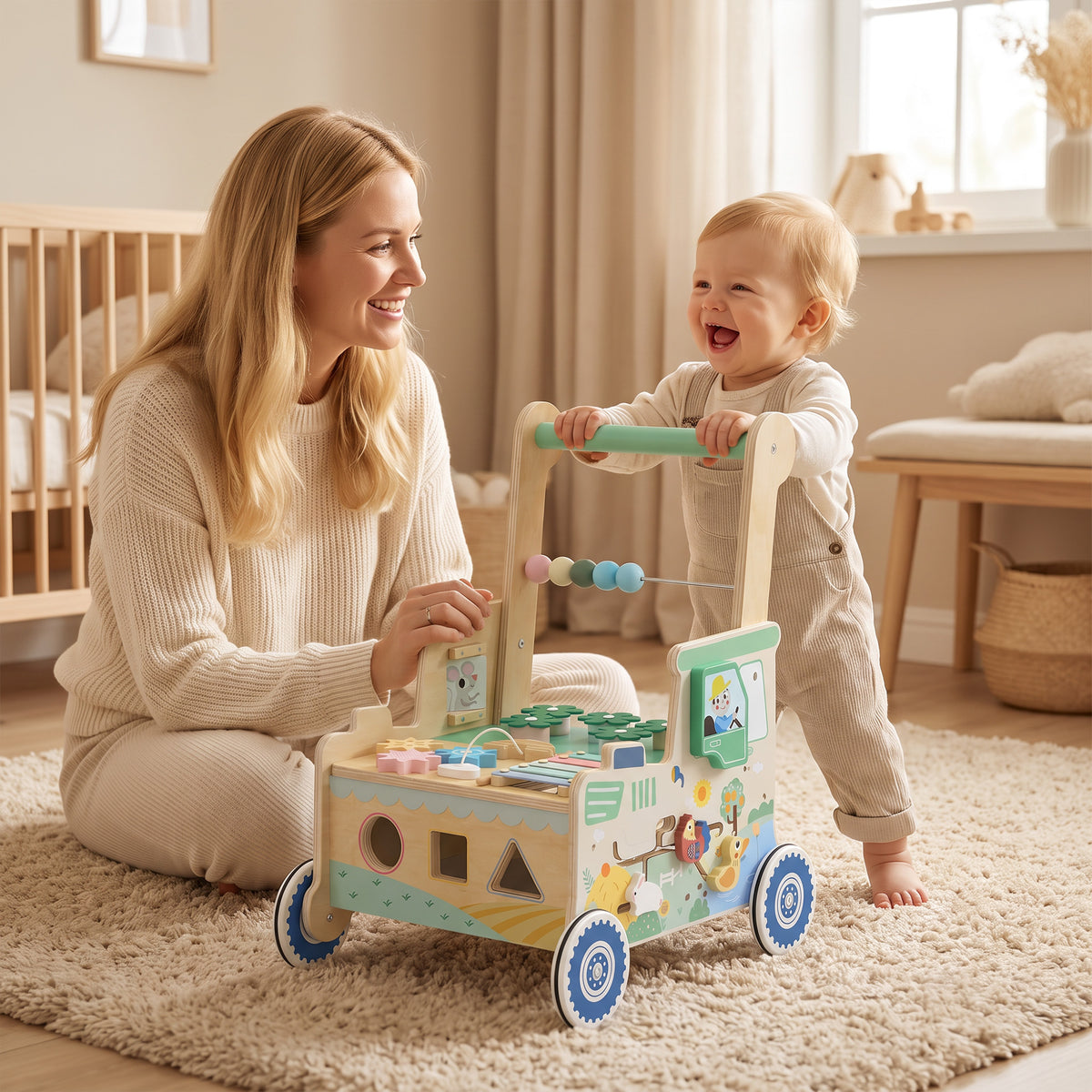 Wooden Baby Walker | Multifunction Activity Centre with Shape & Colour Learning, Toy Storage & Push-Along Support | 1-3 Years | Green & Natural