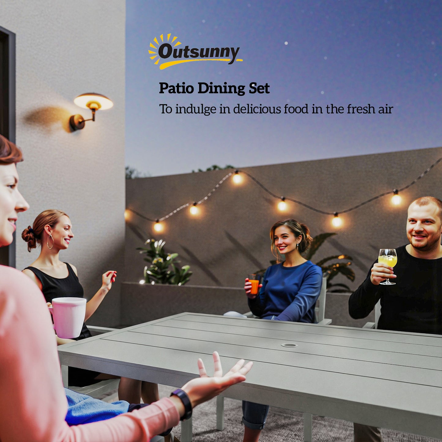 7-Piece Garden Dining Set | 152cm Table with Umbrella Hole | 6 Stackable Armchairs | Galvanised Steel | 120kg Per Chair | Seats 6 | 152 x 96.5 x 72cm | Light Grey
