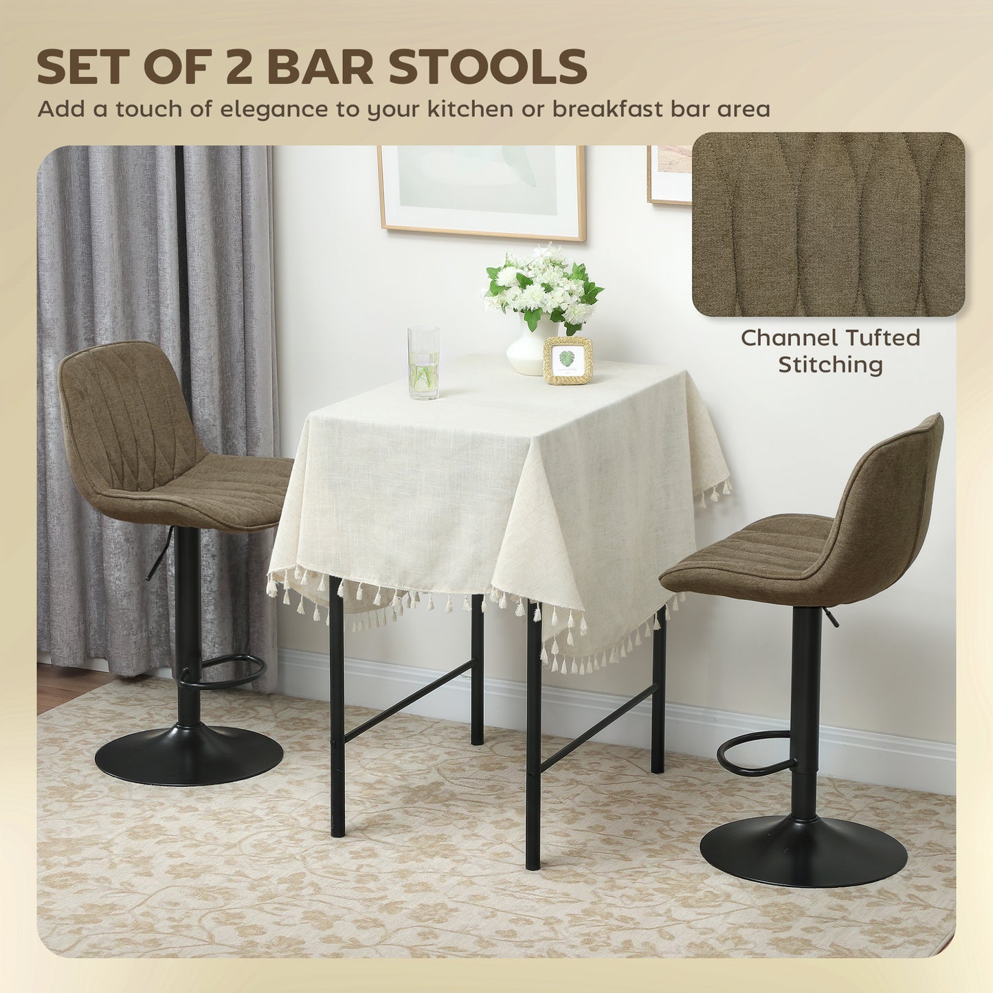 Set of Two Linen-Look Bar Stools - Brown / Green
