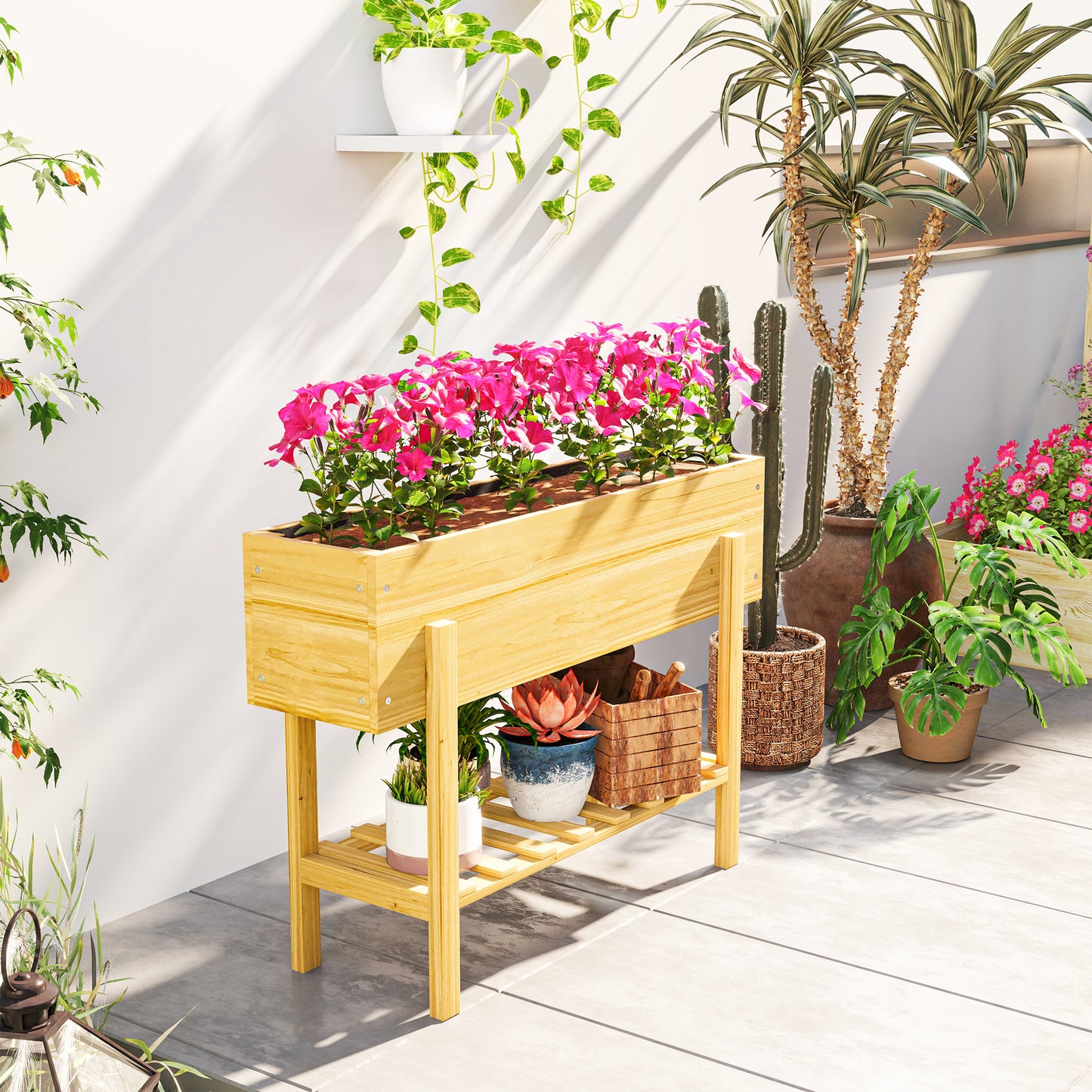 Wooden Raised Garden Bed, Elevated Planter Box with Bed Liner, Drainage Holes and Storage Shelf, Raised Planter for Vegetables, Flowers, Herbs, Natural Wood Finish
