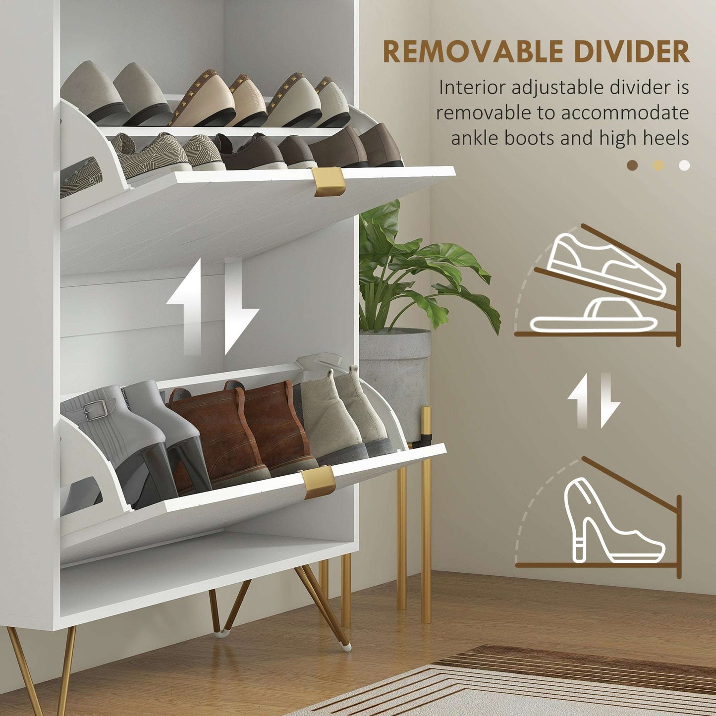 Two Flip Drawer Narrow Shoe Cabinet - White