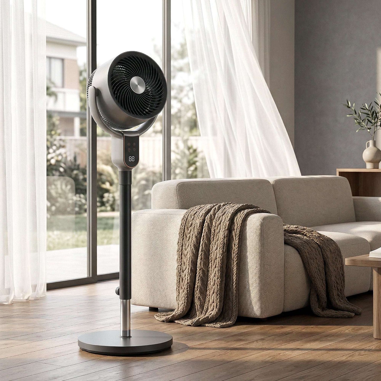 Pedestal Standing Fan | Turbo Mode | 20dB Sleep Mode | 8 Speeds | 16m³/min Airflow | 90° Oscillation | Aromatherapy Pad | Detachable Washable Grill | 5m Remote | 12H Timer | 50W | 83-107cm | Grey