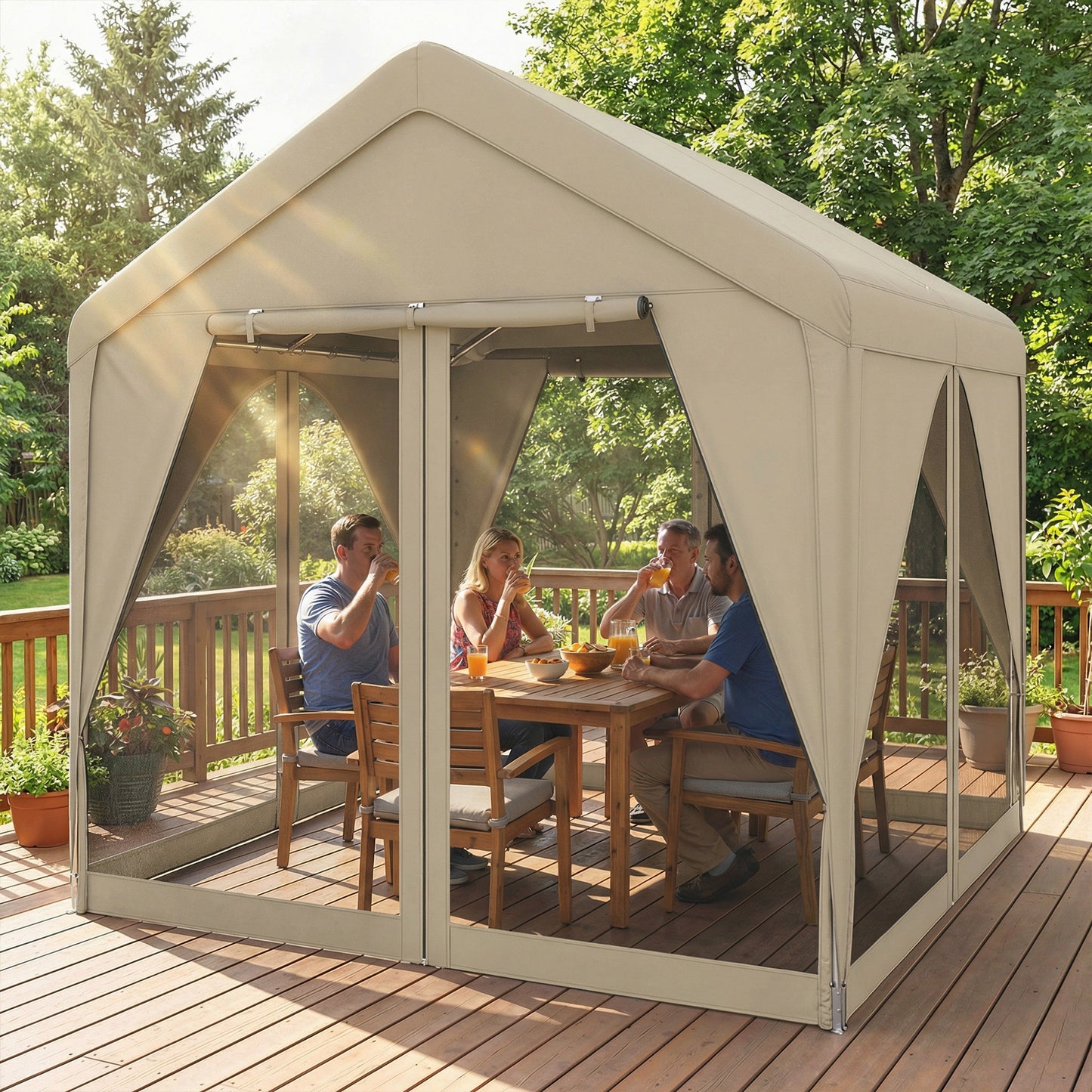 3x3m Patio Gazebo with Netting & Curtains | Dual-Layer Sidewalls | Mesh Apex Roof UV30+ | PVC-Coated Fabric | Flexible 4-Entry Door System | Galvanised Steel Frame | Windproof Level 4-6 | Snow Rated | Khaki