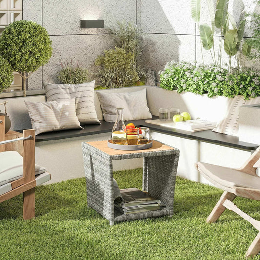 2-Tier Outdoor Rattan Side Table | PS Wood-Plastic Slat Top | PE Wicker | Powder-Coated Frame | UV-Resistant | 50kg | 45x45x43cm | Light Grey