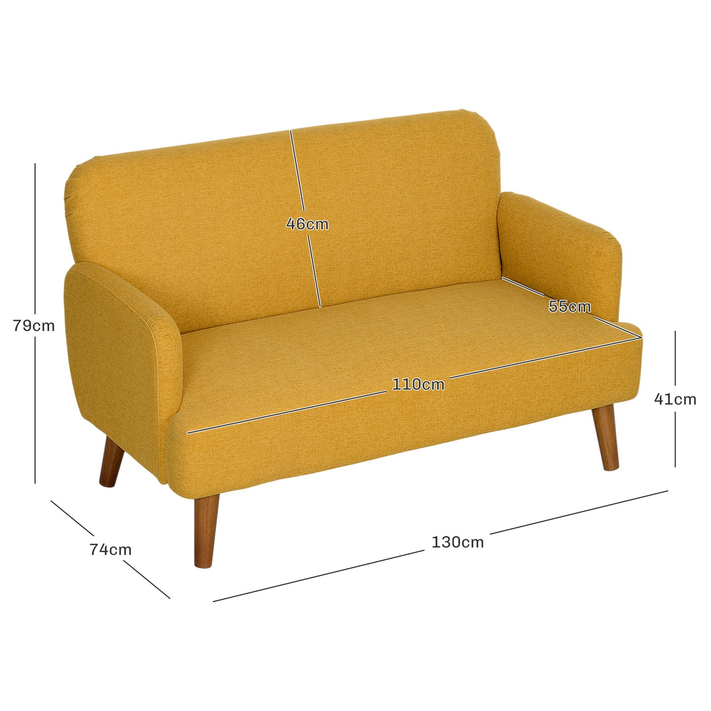 Vintage Retro Style Velvet Feel Fabric 2 Seater Sofa, Small Sofa Loveseat with 21cm Thick Padding and Wood Legs, Yellow