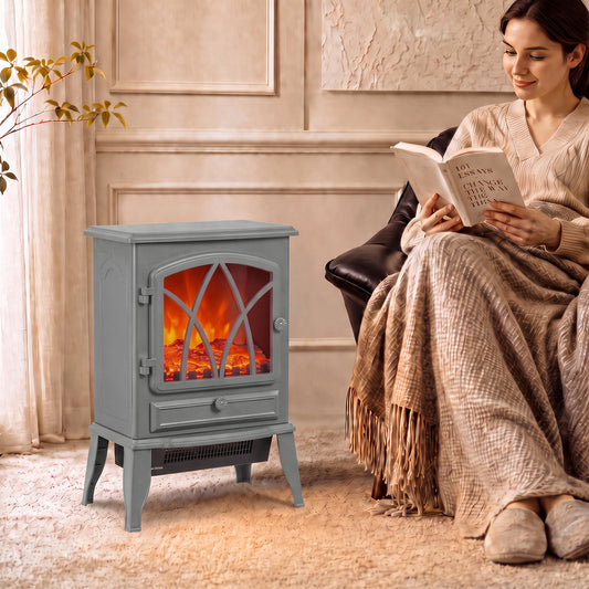 Electric Fireplace Stove | Grey Freestanding 2000W Heater with Adjustable LED Flame & Thermostat