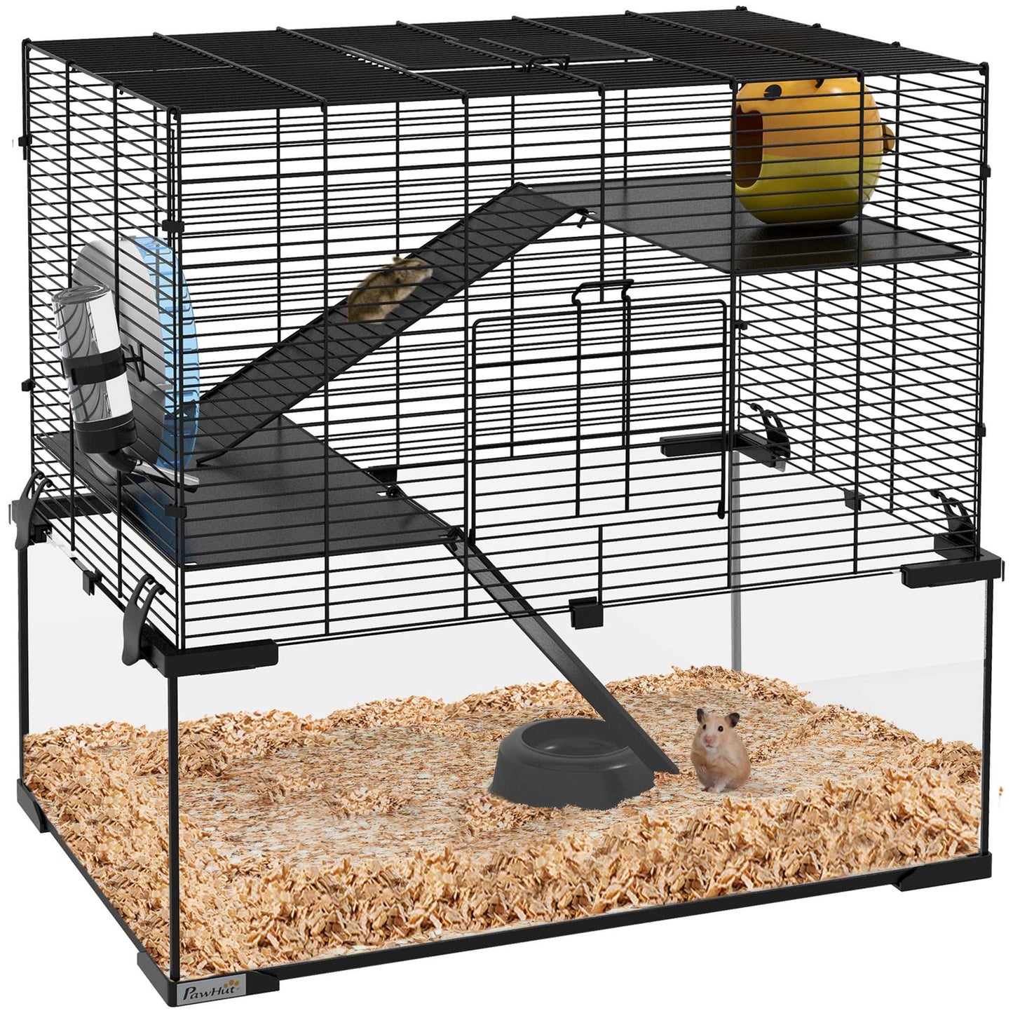 3 Tiers Hamster Cage, Gerbil Cage W/ Deep Glass Bottom, Non-Slip Ramps, Platforms, Hut Exercise Wheels Water Bottle for Syrian Dwarf Hamster