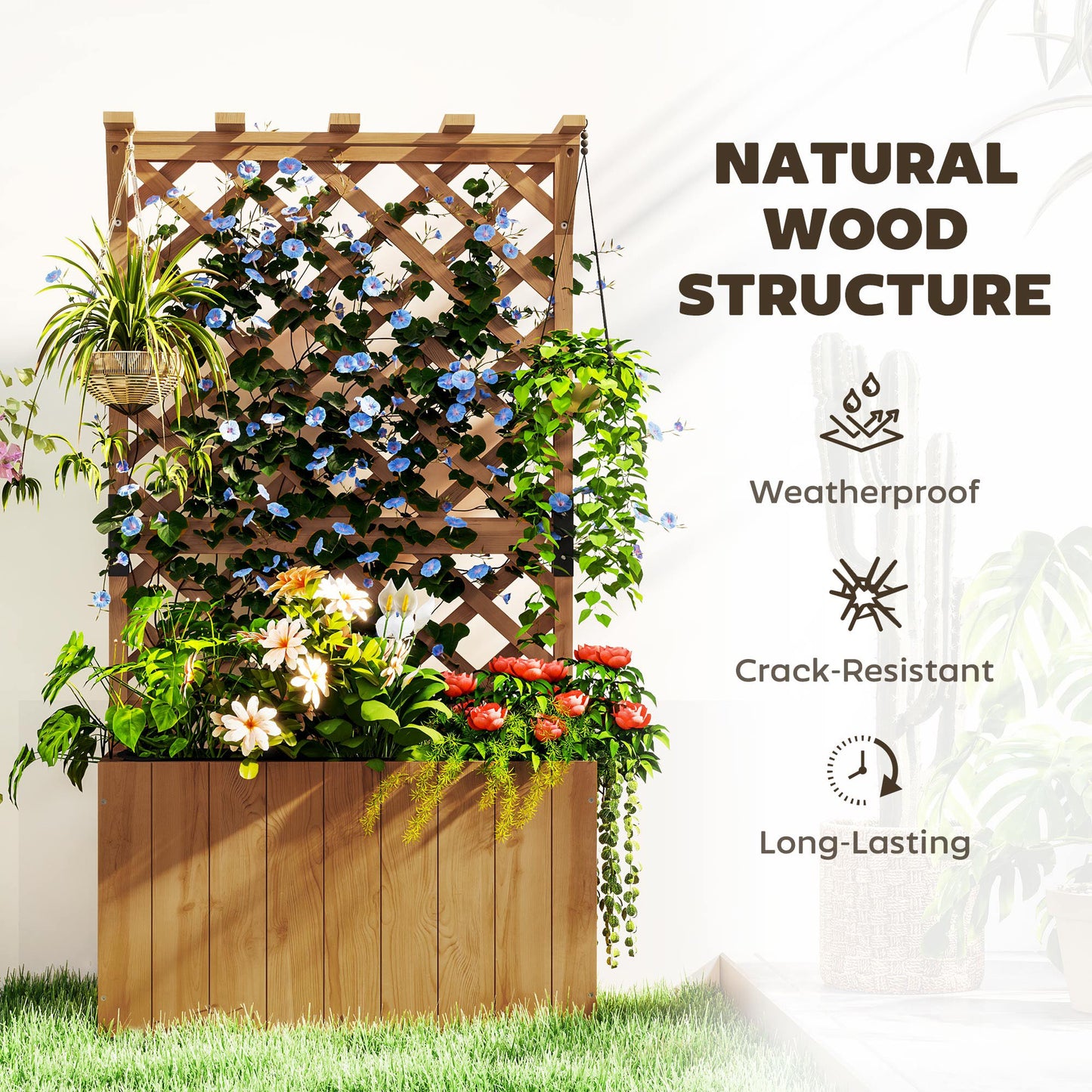 Wooden Planter with Trellis, Freestanding Raised Garden Bed with Drainage Holes, Outdoor Planter Box with Liner for Vegetables, Herbs and Flowers