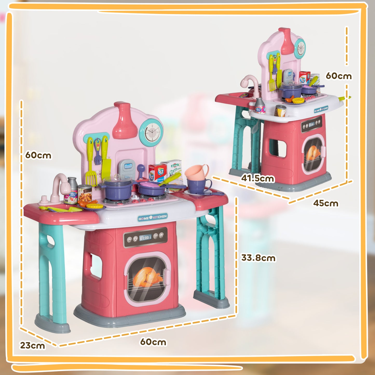 Toy Kitchen, 45 Pieces Kids Kitchen with Rotating Side Tables, Toddler Pretend Role Play W/ Light, Sounds, Spray Effect for Children 3-6 Years, Pink