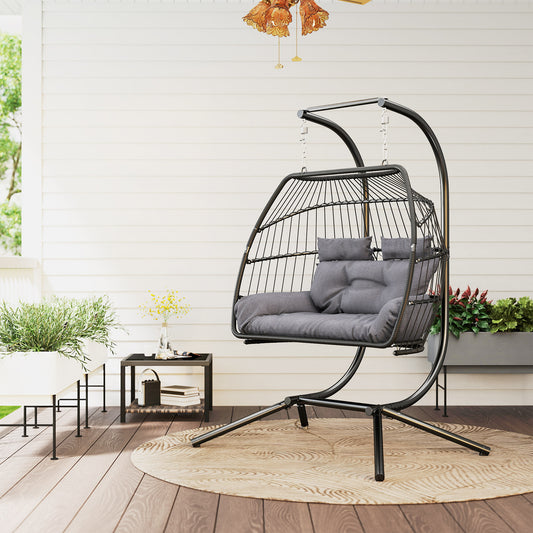 Outsunny Rattan Double Hanging Egg Chair with Stand, Foldable Wicker Swing Egg Chair with Cushion, Head Pillows, Steel Frame, Hammock Chair for Indoor Outdoor
