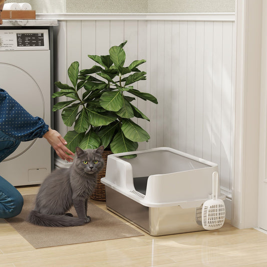 PawHut Stainless Steel Litter Box with Detachable Rim, Scoop, Easy Cleaning, Odour-Resistant, 60 x 40 x 28 cm