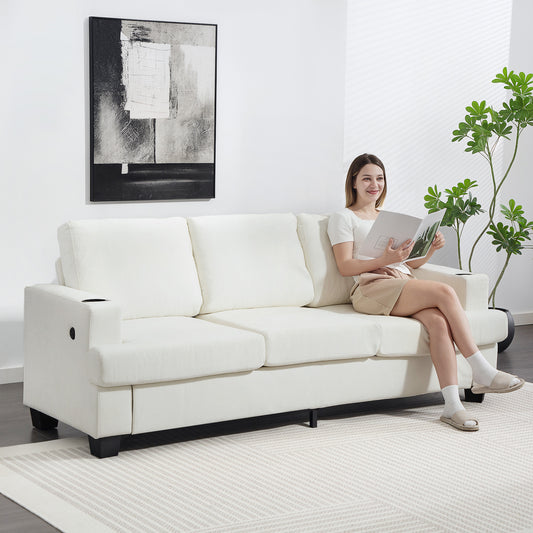 3 Seater Sofa with USB Ports & Cup Holders - Cream White / Grey