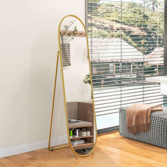 40 x 160cm Full Length Mirror, Floor Standing, Wall-Mounted or Leaning Against Wall Tall Mirror with Support Frame, Oval Full Body Mirror for Bedroom, Living Room, Gold Tone