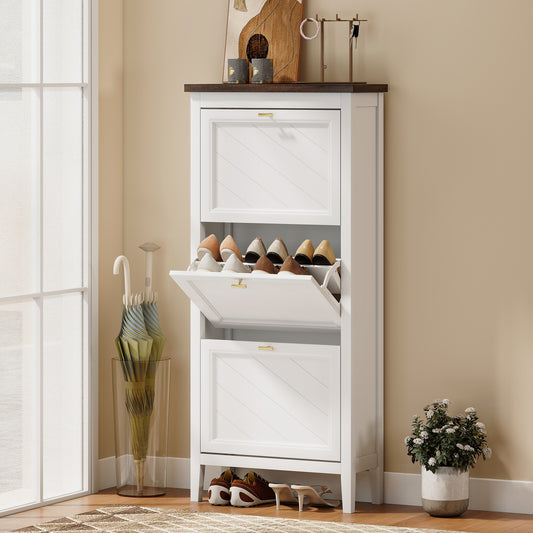 Farmhouse Narrow Shoe Cabinet | 3 Flip Drawers | Adjustable Shelves | 12-18 Pairs | Slim 26.5cm Depth | Max UK 9.5 | Anti-Tipping | MDF | 60x26.5x133.7cm | White