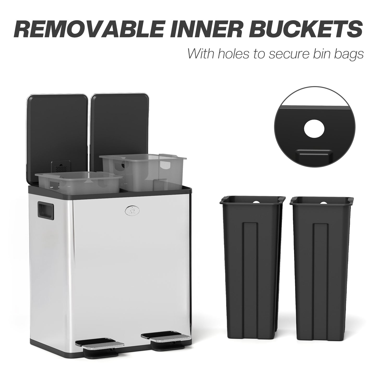 40L Dual Compartment Stainless Steel Bin, with Deodoriser Holders - Silver Tone / Gold Tone
