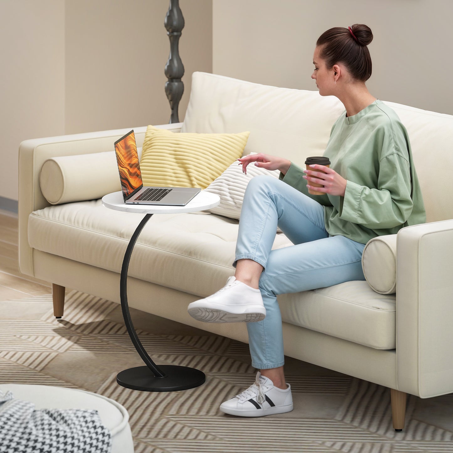 C Shaped Side Table, Round Bedside Table with Marble Effect Top, Modern Coffee Table Sofa End Table, White